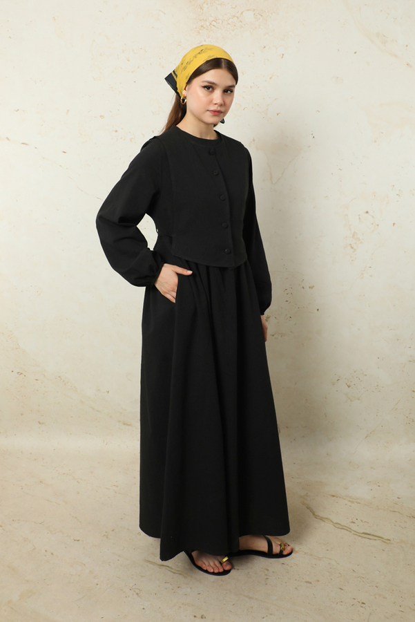 Yelekli Keten Elbise Siyah - 6