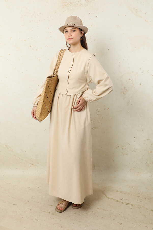 Yelekli Keten Elbise Taş 