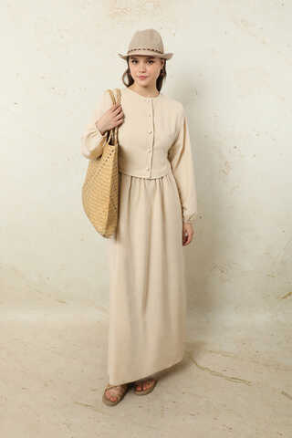 Yelekli Keten Elbise Taş - 3