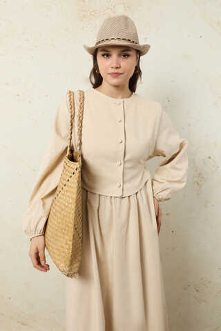 Yelekli Keten Elbise Taş - 2