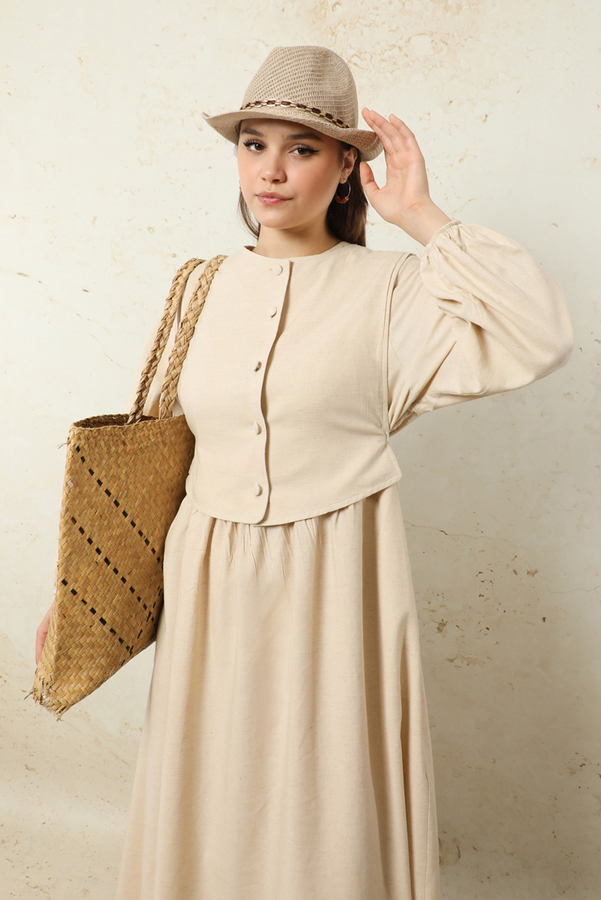 Yelekli Keten Elbise Taş - 4