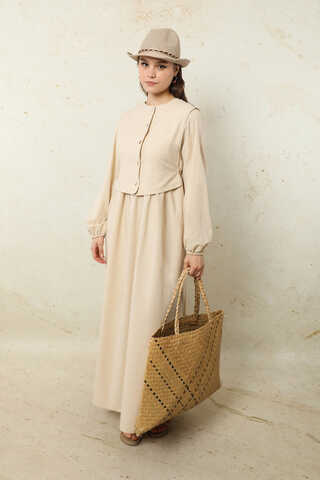 Yelekli Keten Elbise Taş - 5