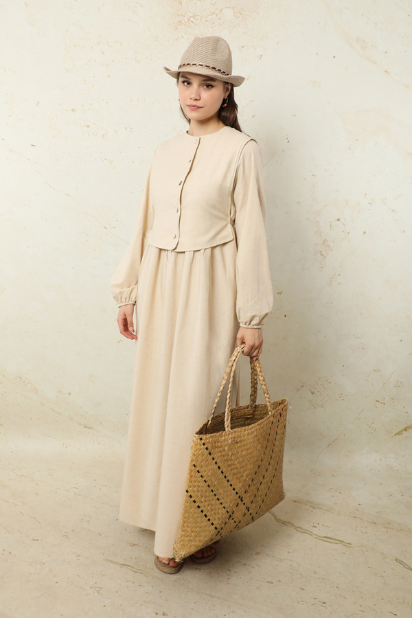 Yelekli Keten Elbise Taş - 5