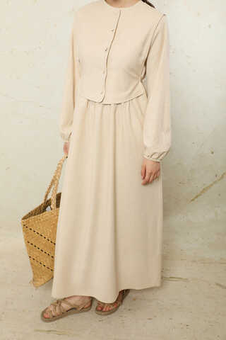 Yelekli Keten Elbise Taş - 6