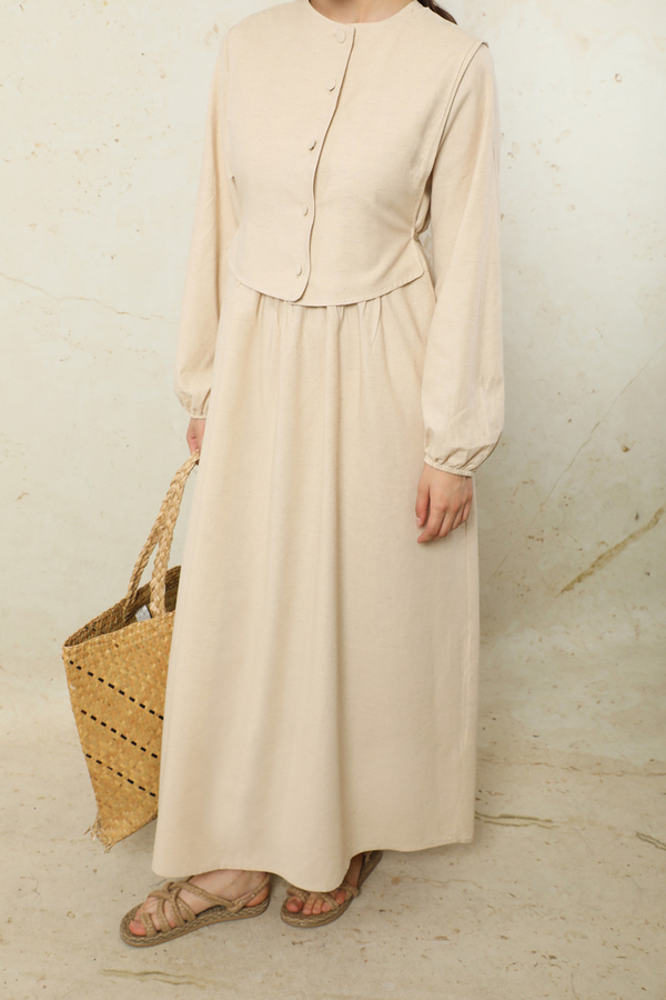 Yelekli Keten Elbise Taş - 6