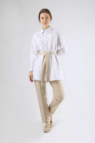 Yelekli Kuşaklı Üçlü Takım Krem - 3