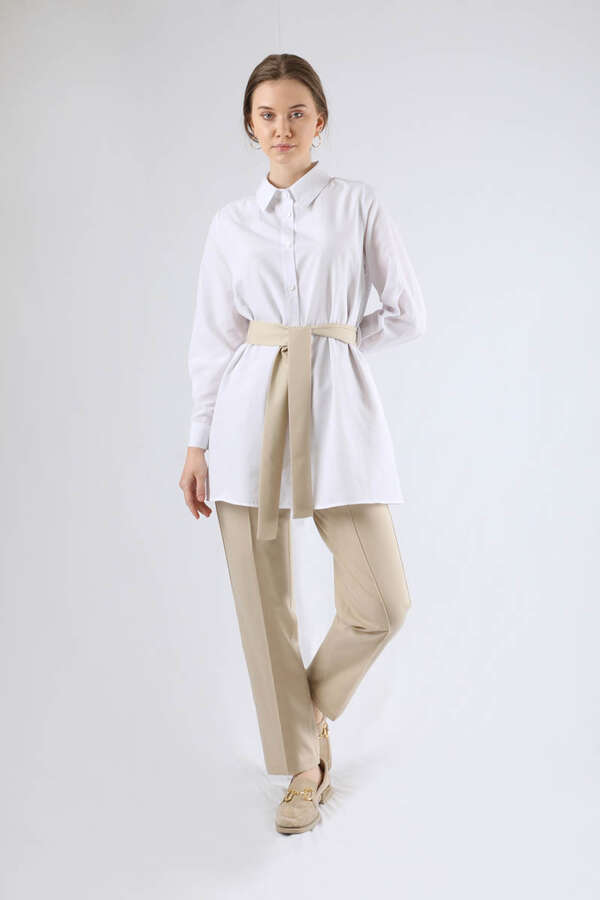 Yelekli Kuşaklı Üçlü Takım Krem - 3