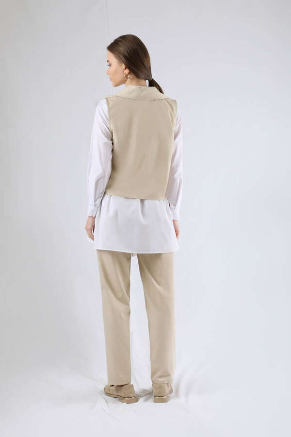 Yelekli Kuşaklı Üçlü Takım Krem - 5