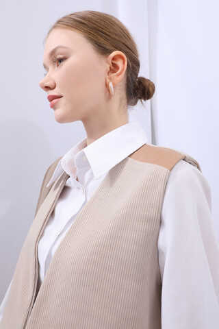 Yelekli Triko Takım Krem - 13