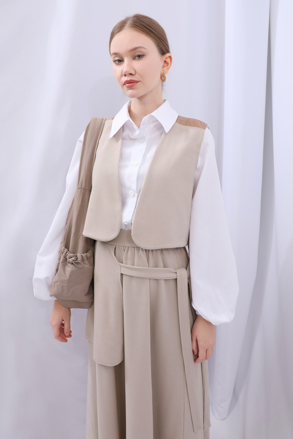 Yelekli Triko Takım Krem - 14