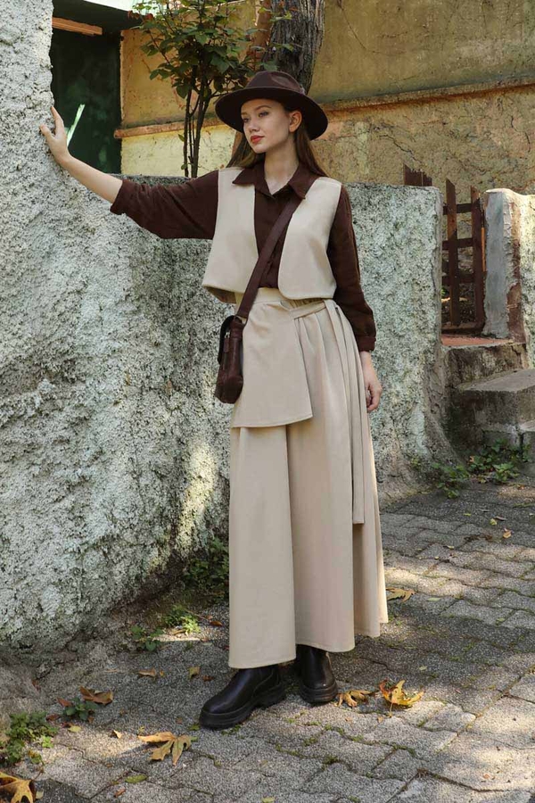 Yelekli Triko Takım Krem - 9