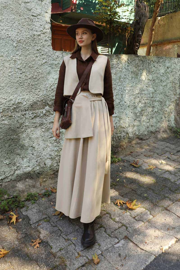 Yelekli Triko Takım Krem - 1