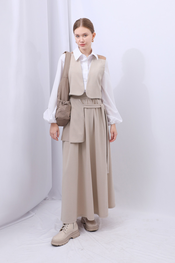 Yelekli Triko Takım Krem - 2