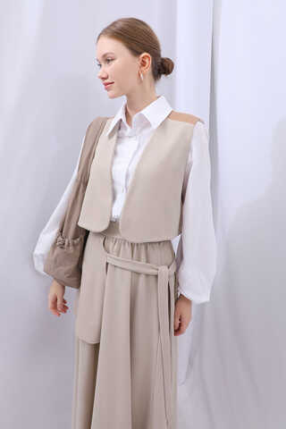 Yelekli Triko Takım Krem - 11