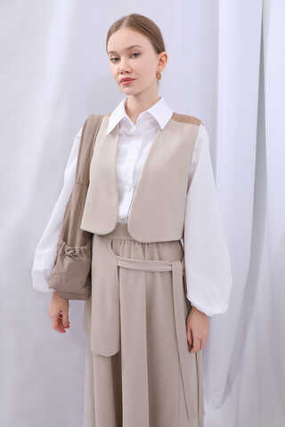 Yelekli Triko Takım Krem - 14