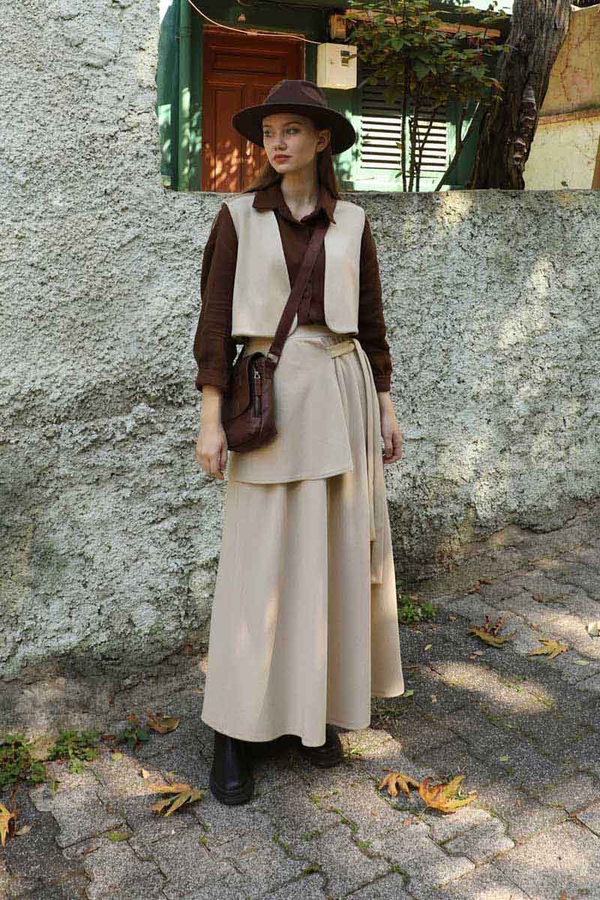 Yelekli Triko Takım Krem - 5