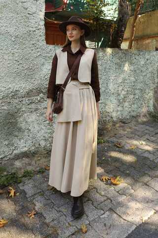 Yelekli Triko Takım Krem - 1