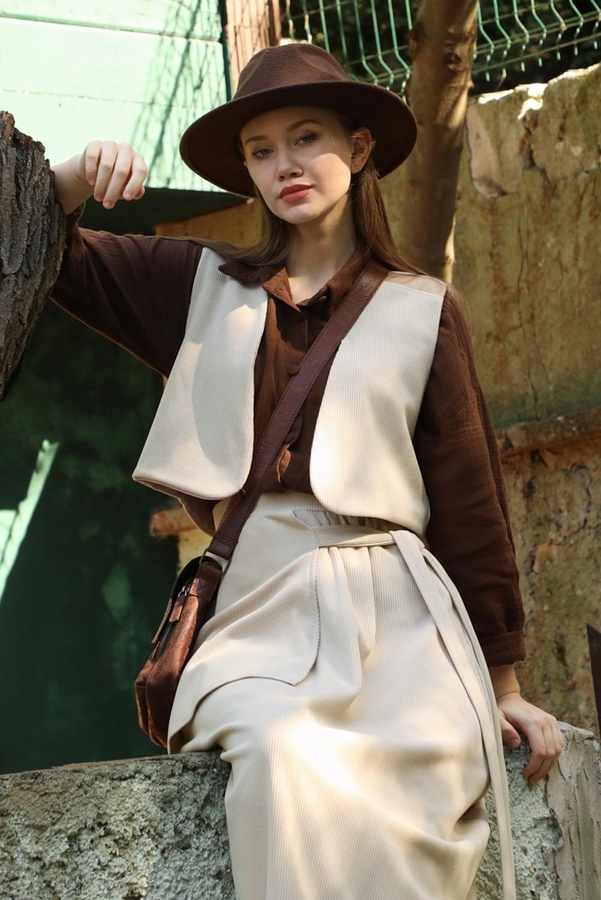 Yelekli Triko Takım Krem - 7