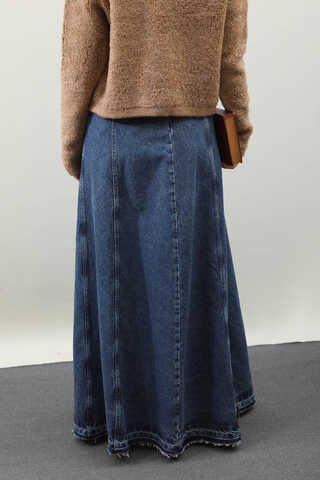 Yıkamalı Dikiş Detaylı Denim Etek Mavi - 10