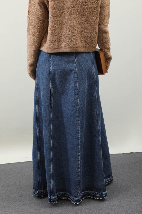 Yıkamalı Dikiş Detaylı Denim Etek Mavi - 10
