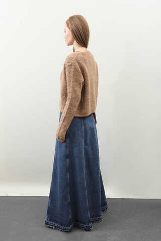 Yıkamalı Dikiş Detaylı Denim Etek Mavi - 8