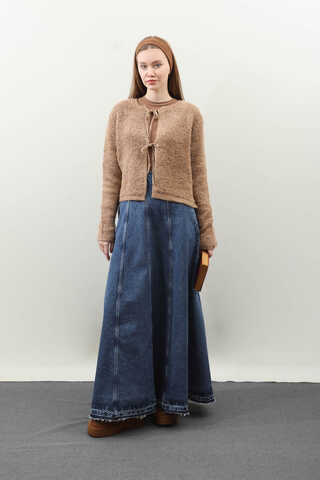 Yıkamalı Dikiş Detaylı Denim Etek Mavi - 3