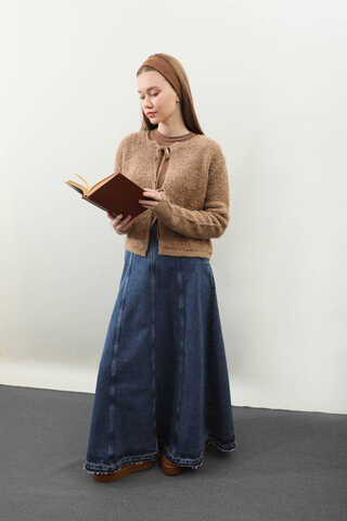 Yıkamalı Dikiş Detaylı Denim Etek Mavi - 4