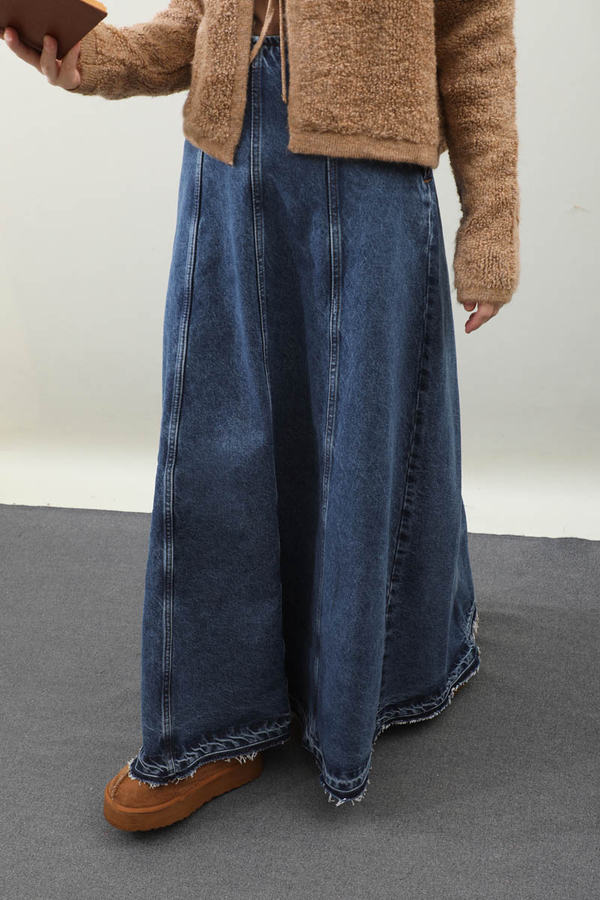 Yıkamalı Dikiş Detaylı Denim Etek Mavi - 2