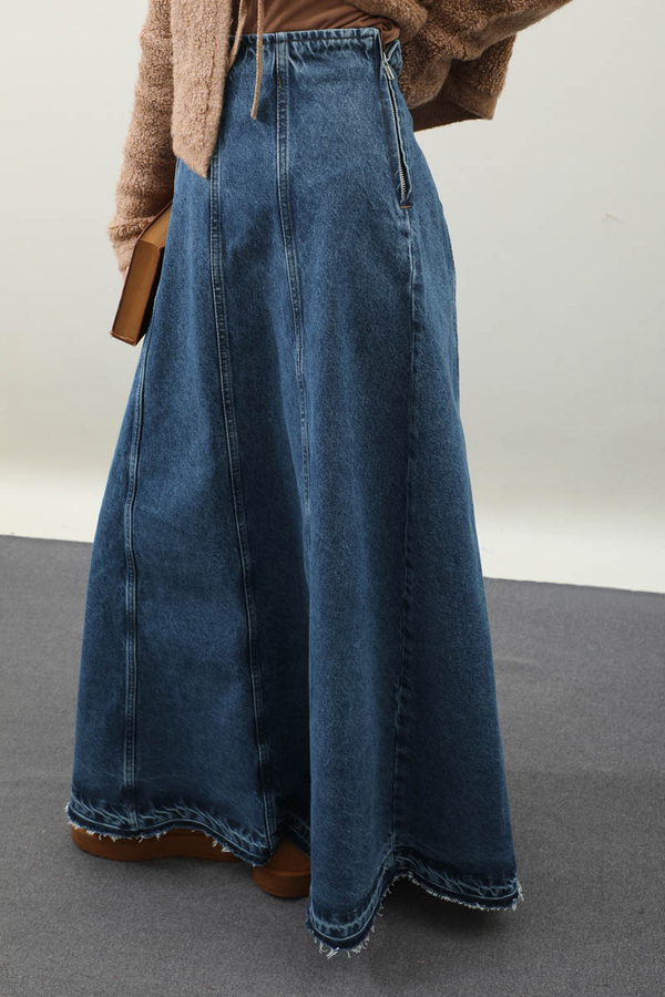 Yıkamalı Dikiş Detaylı Denim Etek Mavi - 1