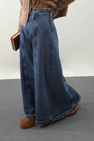 Yıkamalı Dikiş Detaylı Denim Etek Mavi - 5