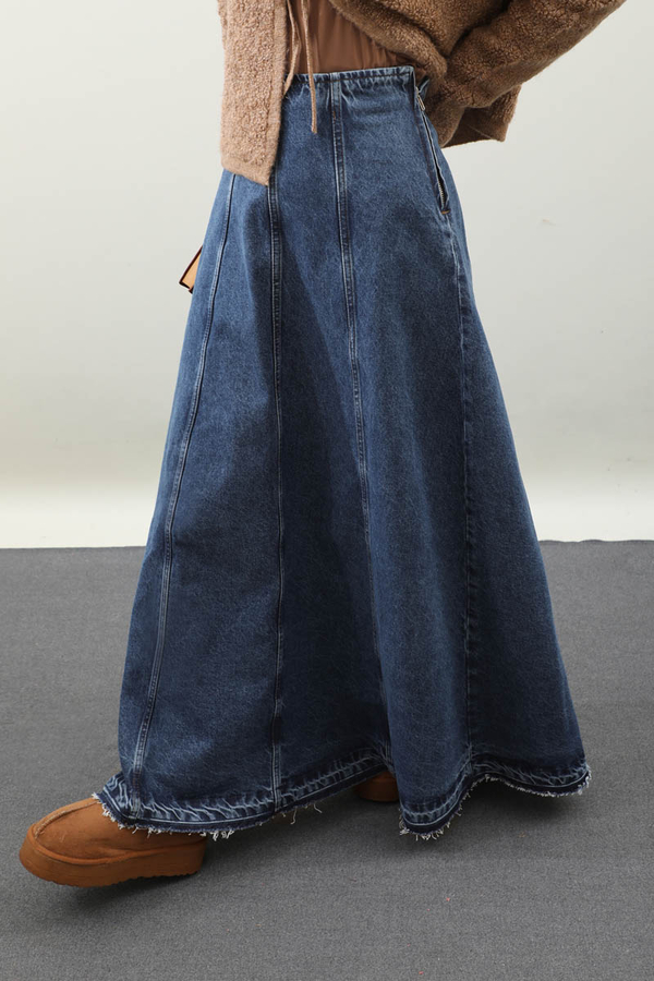 Yıkamalı Dikiş Detaylı Denim Etek Mavi - 6