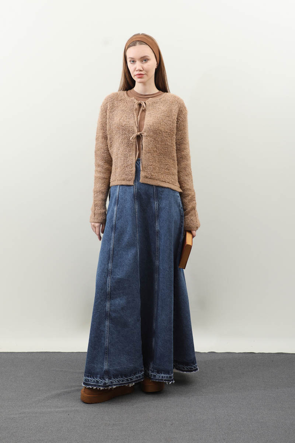 Yıkamalı Dikiş Detaylı Denim Etek Mavi - 3