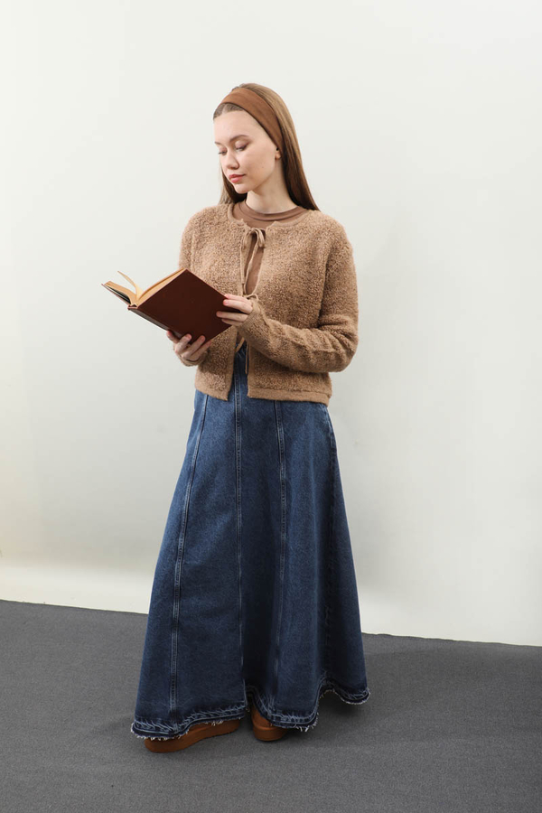 Yıkamalı Dikiş Detaylı Denim Etek Mavi - 4