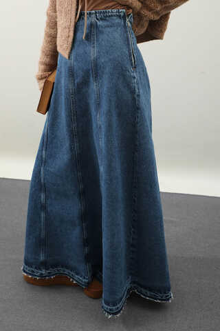 Yıkamalı Dikiş Detaylı Denim Etek Mavi - 1