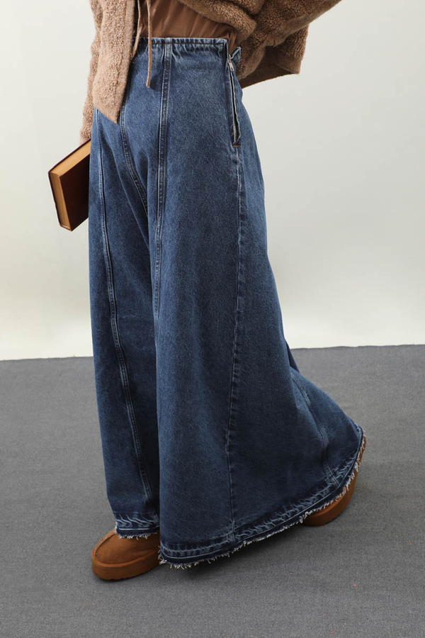 Yıkamalı Dikiş Detaylı Denim Etek Mavi - 5