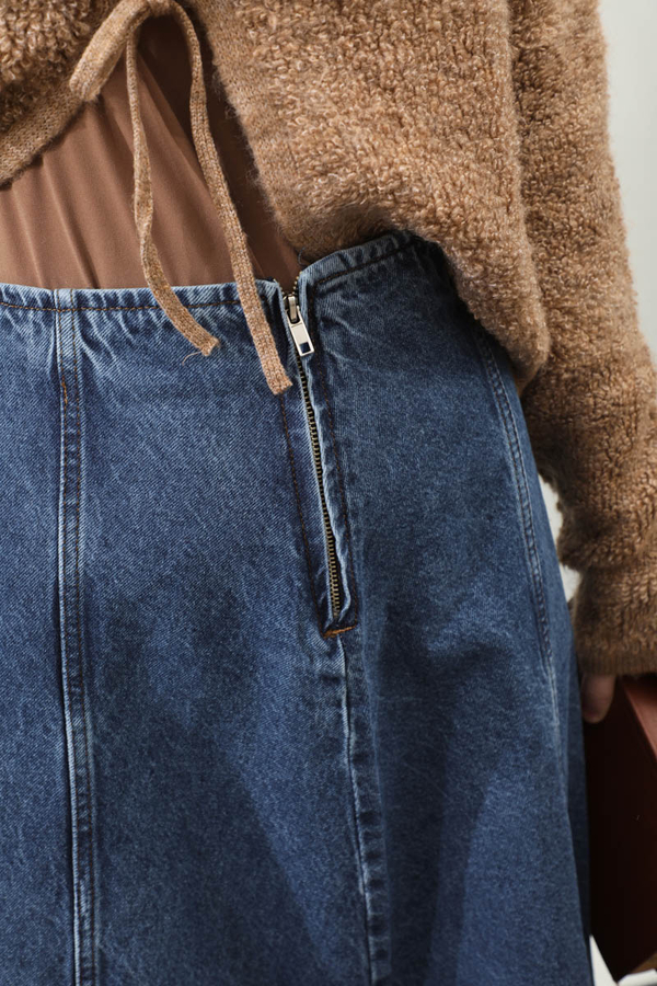 Yıkamalı Dikiş Detaylı Denim Etek Mavi - 7