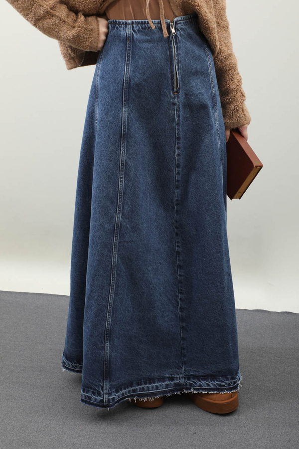 Yıkamalı Dikiş Detaylı Denim Etek Mavi - 9