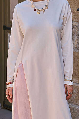 Yırtmaç Detaylı Penye Elbise Ekru - 2