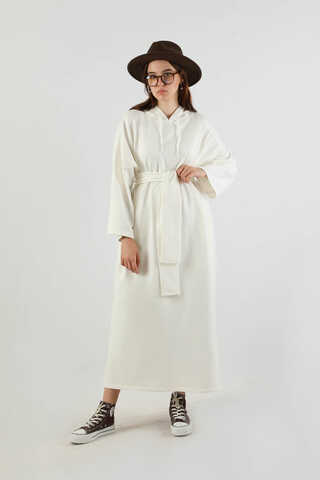 Yırtmaçlı Kapüşonlu Elbise Ekru - 1
