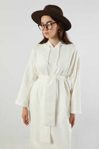 Yırtmaçlı Kapüşonlu Elbise Ekru - 2
