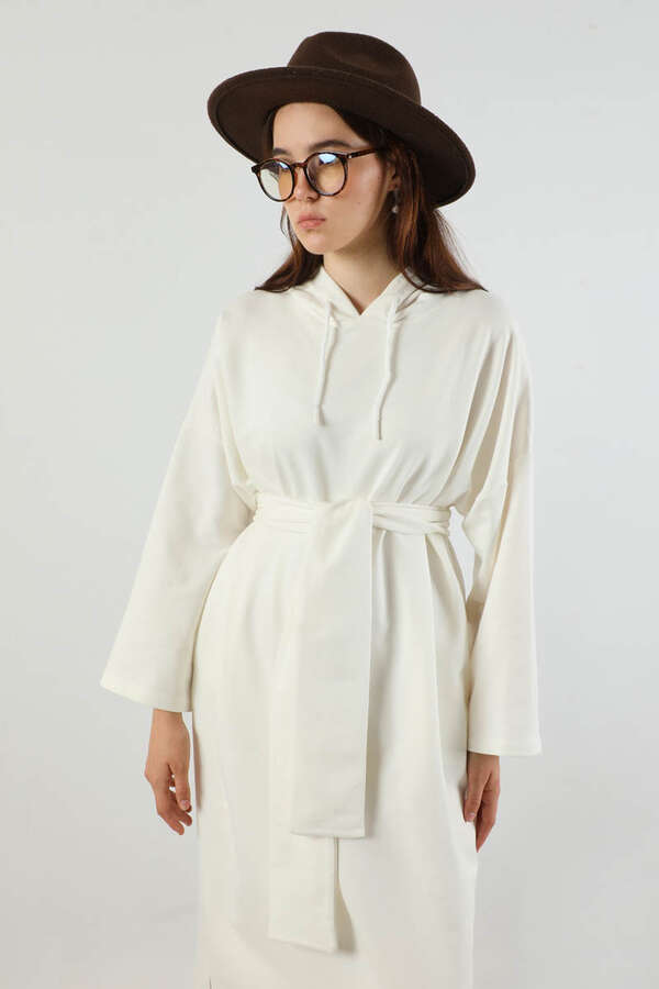 Yırtmaçlı Kapüşonlu Elbise Ekru - 2