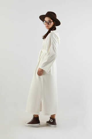 Yırtmaçlı Kapüşonlu Elbise Ekru - 5