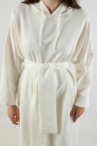 Yırtmaçlı Kapüşonlu Elbise Ekru - 4