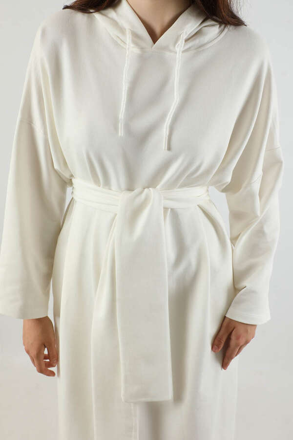Yırtmaçlı Kapüşonlu Elbise Ekru - 4