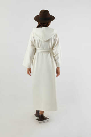 Yırtmaçlı Kapüşonlu Elbise Ekru - 6