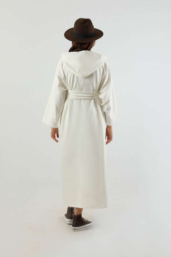 Yırtmaçlı Kapüşonlu Elbise Ekru - 6