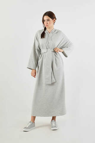 Yırtmaçlı Kapüşonlu Elbise Gri - 1
