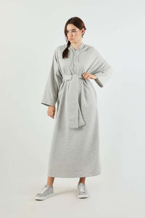 Yırtmaçlı Kapüşonlu Elbise Gri - 1