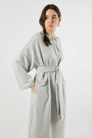 Yırtmaçlı Kapüşonlu Elbise Gri - 2