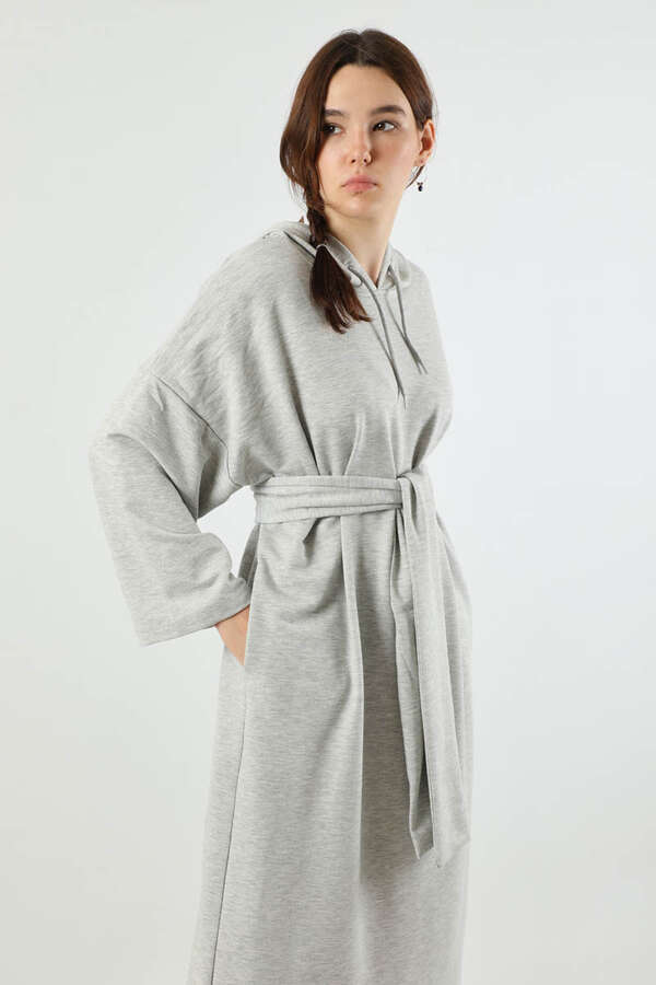Yırtmaçlı Kapüşonlu Elbise Gri - 2